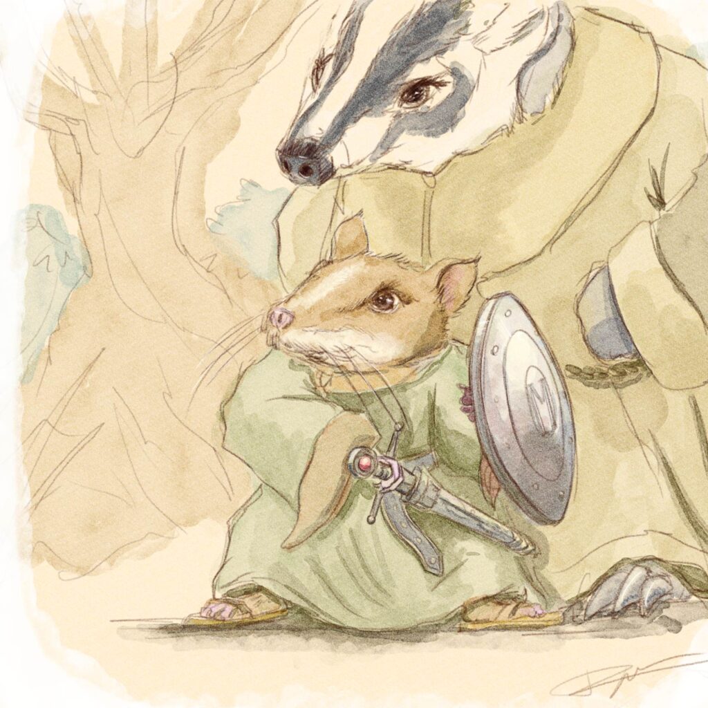 Digital illustration of the characters Matthias and Constance from Redwall. Matthias is pulling his sword out of the scabbard and constance stands behind him, arms on her hips.